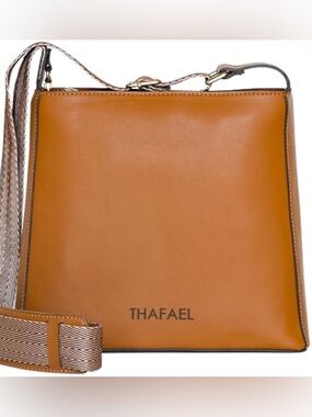 Thafael Tan Crossbody Bag with Patterned Strap-travel bag with security features